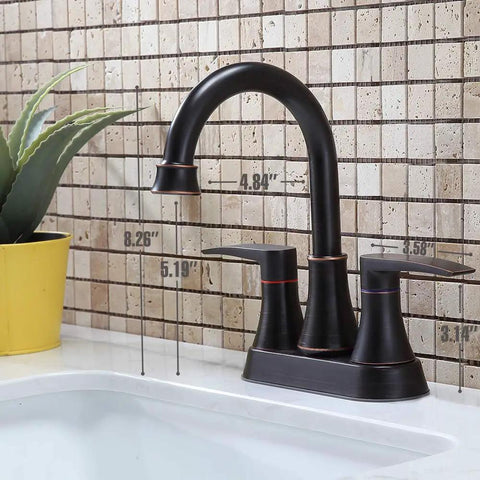 Lead Free Two Handle Oil Rubbed Bronze Bathroom Sink Faucet With 360 Degree Swivel High Arc Spout in a tiled bathroom setting.