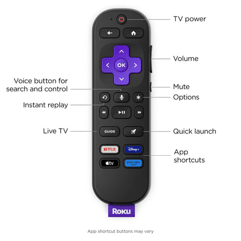 Roku remote control with voice search, TV power, volume, and app shortcuts for 55 Inch QLED Smart TV With Sharp 4K Resolution And Rich HDR10 Colors Plus Slick Built In Apps For Smooth Streaming And Crisp Picture Tuning This Top Flat Screen Delivers Premium Vibes With Blazing Fast WiFi Connectivity.