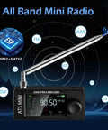 All Band Pocket Radio Receiver With AM FM LSB USB CW RTTY Si4732, black radio with extended antenna and digital display at night.