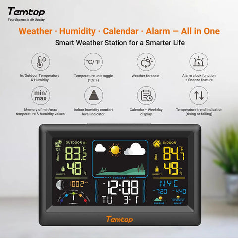 All In One Weather Station With Indoor Outdoor Temp And Humidity, Barometric Pressure, Color Display showing forecast and data
