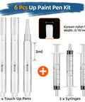 Top Shelf Refillable Touch Up Paint Pen Kit With Precision Wooden Detailing Brush For Furniture And Hardwood Floors Quick Drip Free Scratch Fix That Nails It Every Time showing 3 touch-up pens and 3 syringes, each with a 3ml capacity.