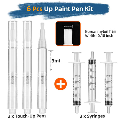 Top Shelf Refillable Touch Up Paint Pen Kit With Precision Wooden Detailing Brush For Furniture And Hardwood Floors Quick Drip Free Scratch Fix That Nails It Every Time showing 3 touch-up pens and 3 syringes, each with a 3ml capacity.