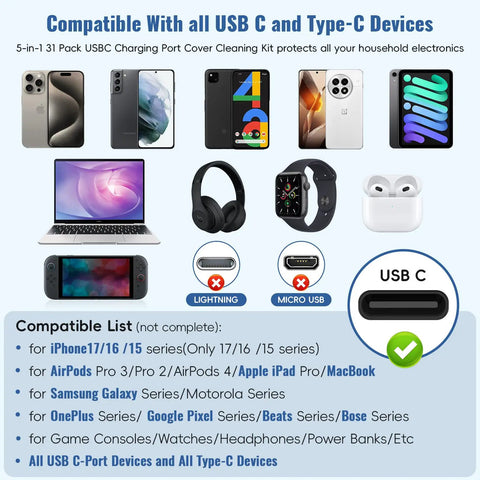 Dope USB C Dust Plug With Speaker Cover And 5 In 1 Cleaning Kit For Everyday Tech Type C Anti Dust Plug For iPhone 15 16 17 Samsung Galaxy Series OnePlus Google Pixel And All USB C Port Devices compatibility list