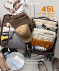 Open suitcase showing organized interior with clothes and toiletries, featuring 21-inch softside carry-on with spinner wheels, TSA lock