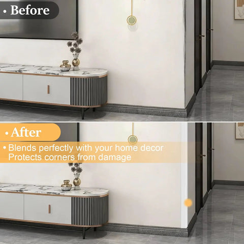 Before and after image showcasing Easy Peasy Peel And Stick Wall Corner Guard, Flexible Tpe Edge Strip protecting corners.