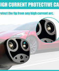 Close-up of Rugged SAE J1772 To Tesla Charging Adapter 60 Amp 250V AC electric vehicle with high current protective cap.