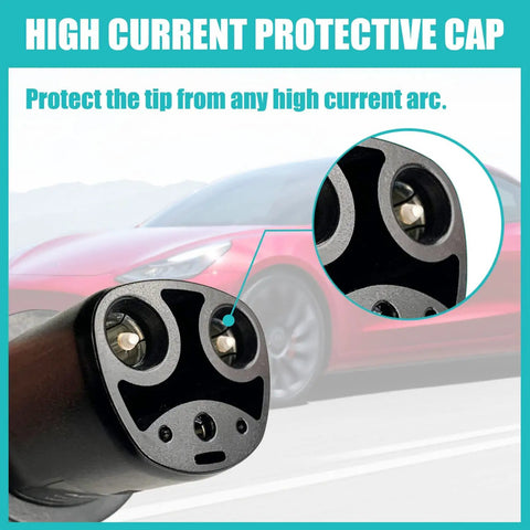 Close-up of Rugged SAE J1772 To Tesla Charging Adapter 60 Amp 250V AC electric vehicle with high current protective cap.