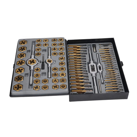 Ultimate 86 Piece Tap Die Set With Hardened Carbide Tools For Automotive Repair And Rethreading Fasteners In Metric And SAE Sizes Plus Storage Box For Pros Who Need Heavy Duty Gear open case
