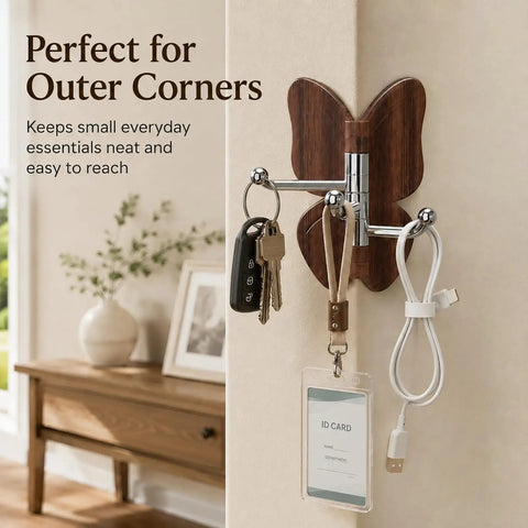 2 Pack Rotating Adhesive Wall Hooks With Rugged Wood Grain Finish flexible swivel hooks holding keys and lanyards in a corner.