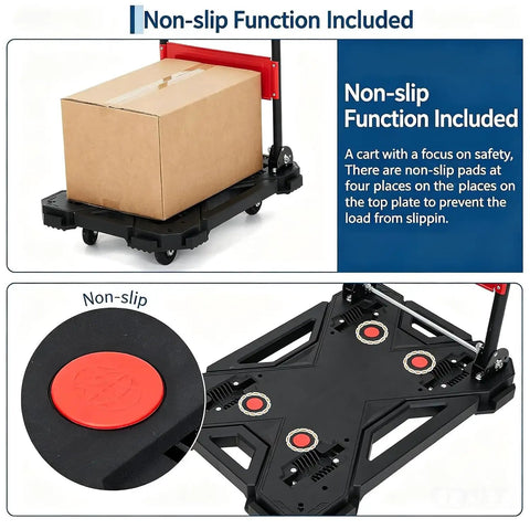 Heavy Duty Foldable Platform Cart Push Dolly Built Tough For Moving Heavy Loads Portable Black Push Cart With Smooth Roll Wheels Ideal For Home Garage Warehouse And Job Sites, non-slip pads