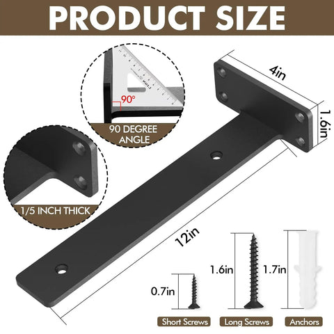 Heavy Duty Floating Shelf Brackets 12 Inch 0.2 Inch Thick 6 Pack Iron Construction With Anti Rust Coating Supports Up To 150 Pounds Per Pair Hidden Mount Design for durable home shelving size diagram