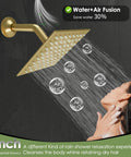 6 inch rainfall panel of 24 X 32 LED Dual Head Ceiling Mount Shower System With Thermostatic Valve, Brushed Gold finish.