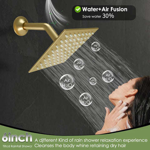 6 inch rainfall panel of 24 X 32 LED Dual Head Ceiling Mount Shower System With Thermostatic Valve, Brushed Gold finish.