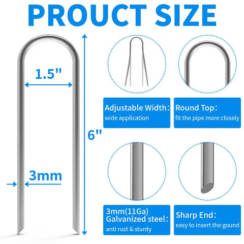 Heavy Duty Tough As Nails Six Inch U Shaped Garden Stakes Fifty Pack For Half Inch To One And A Half Inch Soaker Hoses Drip Irrigation Weed Barrier Landscape Staples For Fencing And Yard Decor Thick Eleven Gauge Galvanized Steel product dimensions and features