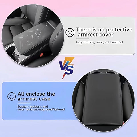 Comparison of unprotected and protected center console lid with Tesla Model Y And Model 3 Armrest Cover Custom Fit Center Console Lid Protector