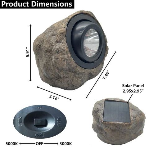 Rock Solar Garden Lights With Hella Bright LEDs showing dimensions and solar panel size for Pathways and Yards