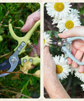 Hand Pruners And Shears Set In Sage With Blister Pack Lightweight Garden Gear Easy Lock Sharp Carbon Steel Blades Rust Resistant For Herbs And Flowers Pruning Kit Pro Grade, shown in use on plants and daisies.