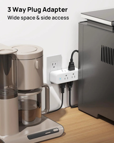 Real Deal Six Port Outlet Extender Surge Protector With Manual Switch And 360 Swivel Head To Easily Upgrade Any Wall Jack While Cutting Cord Chaos And Making Daily Power Ups Super Breezy For Busy Households, 3 way plug adapter beside coffee maker.
