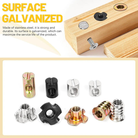 Heavy Duty Assorted M6 Barrel Nuts With Zinc Plated Tee Nuts And Threaded Inserts For Wood Furniture Assembly No Sweat Pro Grade DIY Hardware Essentials Box Included For Quick Fastener Jobs, assortment of barrel nuts on wood.