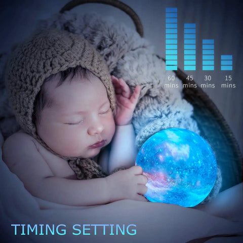 Infant sleeping with Moon Lamp Galaxy Night Light 3D Printed LED Moon Light With Stand 16 Color Options Remote And Touch Control