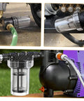 Heavy Duty Inline Water Sediment Filter for Garden Hose or Car Wash Rig with Quick Connect Fitting shown with hoses and fittings.