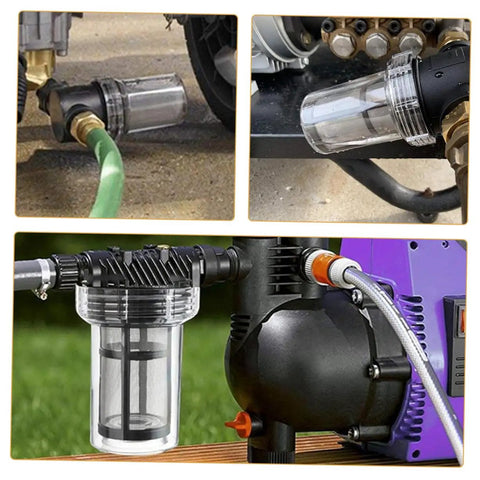 Heavy Duty Inline Water Sediment Filter for Garden Hose or Car Wash Rig with Quick Connect Fitting shown with hoses and fittings.