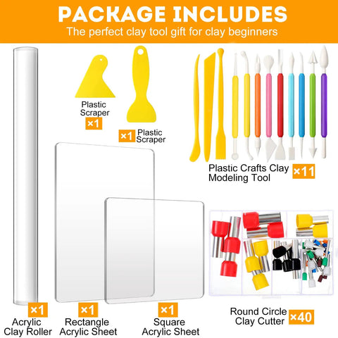 57 Piece Polymer Clay Tools Set With Acrylic Roller, Sheets, Scrapers, 12 Modeling Tools And 40 Stainless Steel Round Cutters