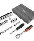 Heavy Duty Carbon Steel Socket Set With One Quarter Inch And Three Eighths Inch Drive, 21-Piece Metric Wrench Kit for Auto Repair