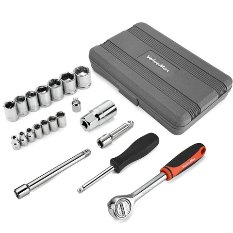 Heavy Duty Carbon Steel Socket Set With One Quarter Inch And Three Eighths Inch Drive, 21-Piece Metric Wrench Kit for Auto Repair
