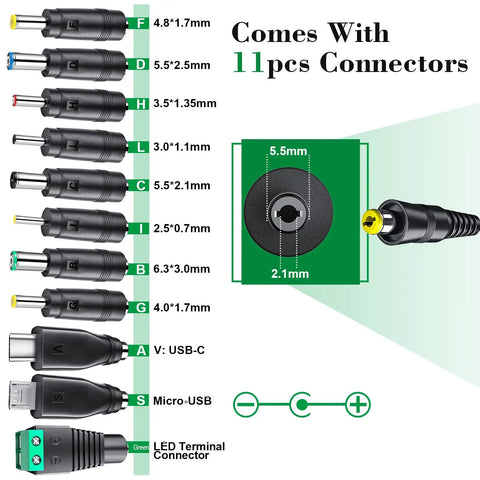 11 interchangeable tips for Universal 48W AC DC Power Adapter With 11 Interchangeable Tips Multi Voltage 5V 6V 7.5V 9V 12V 15V 19V 20V 100 To 240V Input USB C Output 5.5 Mm By 2.1 Mm Barrel Included Great For Laptops And Household Electronics