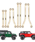 Beefy Brass High Clearance Chassis Links Set For 1/18 TRX4M Defender Bronco RC Crawler Upgrades, 42g Heavy Bent Links displayed with RC models
