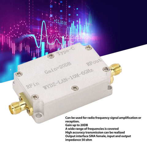 Low Noise RF Amplifier 10 MHz To 6 GHz 20 DB LNA With High Flatness SMA Female Output, aluminum housing, front view