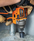 Heavy Duty Step Drill Bit With Quick Release Spiral Flutes And Hex Shank cuts steel wood plastic aluminum effortlessly in the seven eighth to one eight inch range durable nitride coating so it never gets slammed works like a champ for impact drivers, user holding drill.