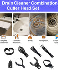 9 Piece Badass Drain Snake Drill Attachment Root Cutter For 5/16 To 3/4 Inch Cable accessories and cutting heads displayed on a countertop.