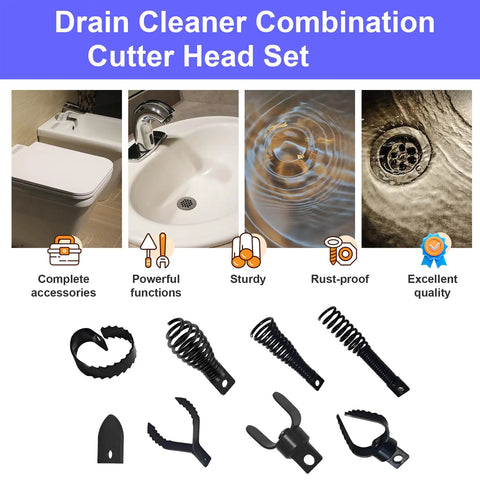 9 Piece Badass Drain Snake Drill Attachment Root Cutter For 5/16 To 3/4 Inch Cable accessories and cutting heads displayed on a countertop.