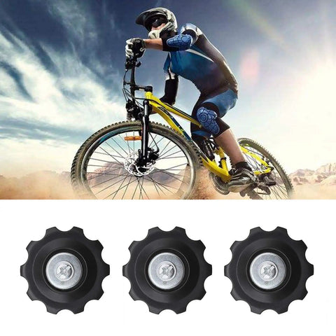 Cyclist with mountain bike and 4X 10T Bicycle Gear Mech Pulley Jockey Wheel Kit for 5-8 speed derailleur displayed below