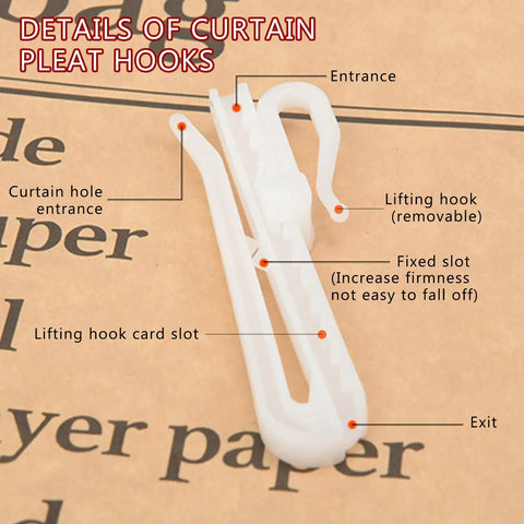 Close-up of white hook from 80 Pack Plastic Curtain Hooks With Adjustable Pinch Pleat Ratchet System on paper background.