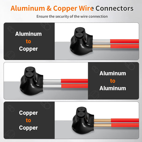 Heavy Duty 2 Port Insulated Wire Connector for 4 to 14 AWG Aluminum to Copper Cables, Single Side Entry, Black Aluminum Wire Connector with Slotted Allen Hex, 10 Pack, Great for DIY Auto and Industrial Electrical Jobs, 2-port connector shown with aluminum to copper wiring