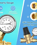 Solid Brass RV Water Pressure Regulator With Built In Gauge And Adjustable Valve showing PSI gauge and connection details.