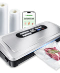 Advanced Vacuum Sealer With AirLock ProSeal System showing sleek design, vacuum rolls, and packed meat, with digital display