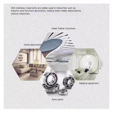 Image showing various uses of 304 stainless steel bolts in steel frame structure, home decoration, medical equipment, and auto parts.