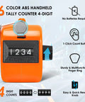 Hustle Ready 6 Pack Mechanical Tally Counters With 4 Digit Dials And Bright Assorted Colors, orange handheld counter, easy reset knob.