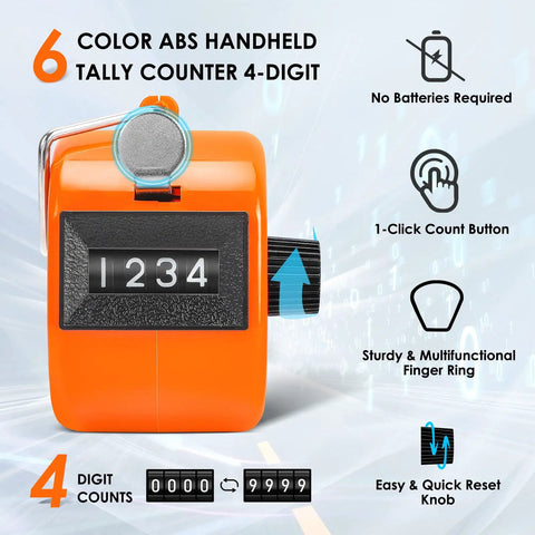 Hustle Ready 6 Pack Mechanical Tally Counters With 4 Digit Dials And Bright Assorted Colors, orange handheld counter, easy reset knob.
