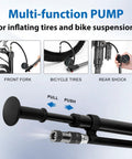 High Pressure Shock Pump With Gauge For Bike Suspension Up To 300 PSI, showing use on front fork, bike tires, rear shock.