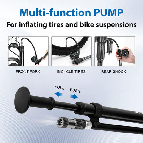 High Pressure Shock Pump With Gauge For Bike Suspension Up To 300 PSI, showing use on front fork, bike tires, rear shock.