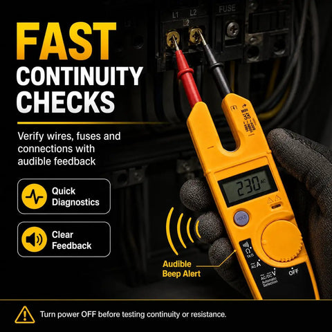 600V Voltage And Current Tester For Electrical Troubleshooting A Fast Reading Tool That Checks AC Voltage Current And Continuity In A Compact Handheld Meter Perfect For Electricians And DIY Pros. Handheld yellow current tester showing 230V AC continuity check