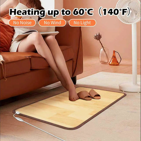 Person sitting on sofa using Cozy Feet Warmer Floor Mat With Ten Heat Settings And Timer, Fast Heating Under Desk Foot Pad For Office Or Home