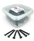 Self Tapping Trailer Deck Screws 1/4-20 x 2 1/2 Flat Head Type F Thread Cutting With Star Drive T30 For Wood And Metal Black Phosphate Finish Heavy Duty Floorboard Screws 100 Pack shown with container