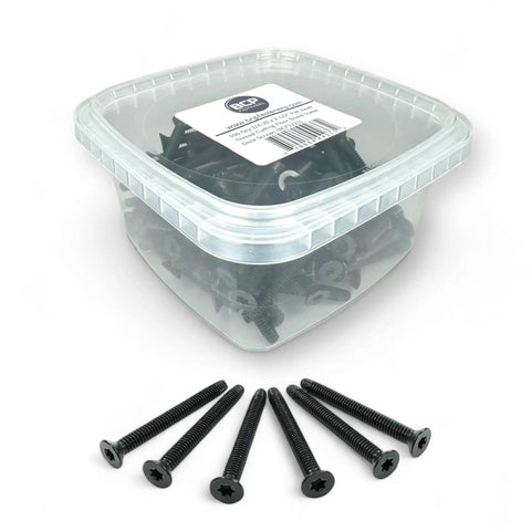 Self Tapping Trailer Deck Screws 1/4-20 x 2 1/2 Flat Head Type F Thread Cutting With Star Drive T30 For Wood And Metal Black Phosphate Finish Heavy Duty Floorboard Screws 100 Pack shown with container