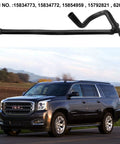 Engine Lower Heater Outlet Hose For GM Chevrolet Silverado Tahoe Yukon Avalanche Suburban GMC Sierra Yukon XL 1500 2500 3500 2000 2014 Replacement Fits Escalade And Other GM SUVs Replaces OEM 15834772 15834773 15854959 displayed next to a black GMC SUV.